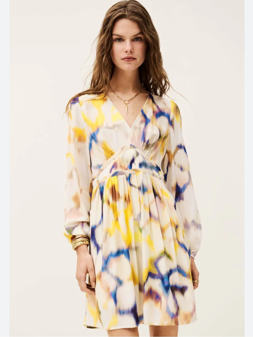 ba&sh Paris Romantic Watercolor Mini Dress Long Sleeve Multicolor XS